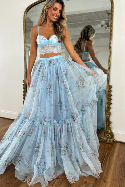 A Line Sweetheart Light Blue Floral Tulle Prom Dress AB021511