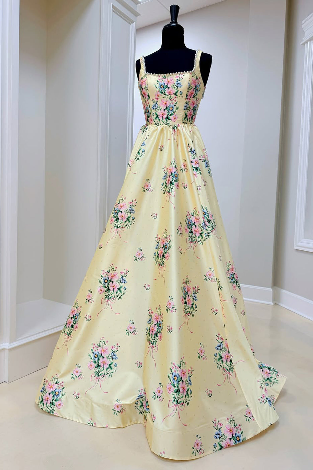 Gorgeous A Line Square Neck Floral Satin Prom Dress with Beading AB25101501