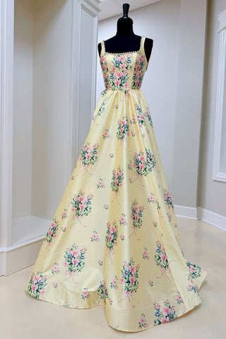 Gorgeous A Line Square Neck Floral Satin Prom Dress with Beading AB25101501