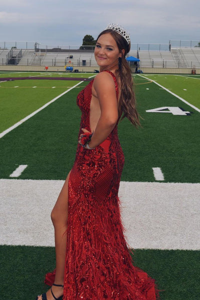 Cute Mermaid V Neck Blue Sequins Lace Long Prom Dresses with Feather AB092401