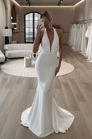 Elegant Mermaid Deep V Neck Stretch Satin Wedding Dresses AB25050702