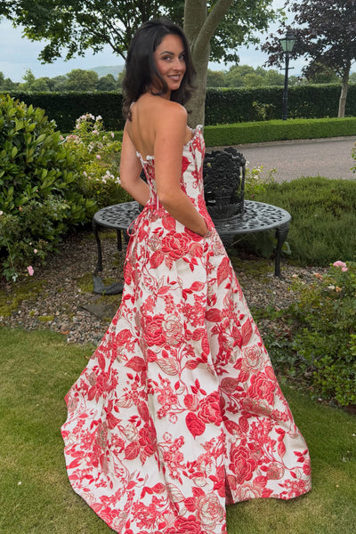 A Line Scoop Neck Jacquard Satin Long Prom Dress with Pockets AB26073009