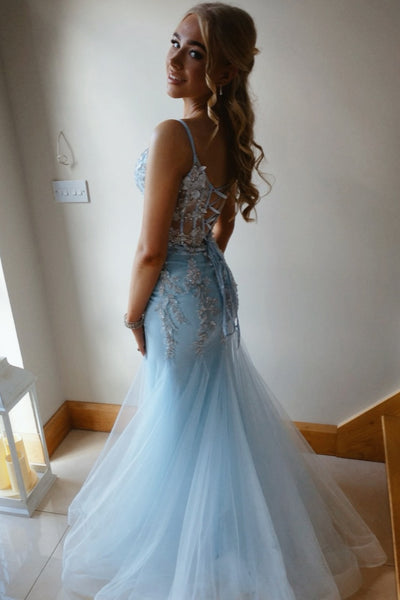 Mermaid V Neck Light Blue Tulle Prom Dress with Appliques AB26101605