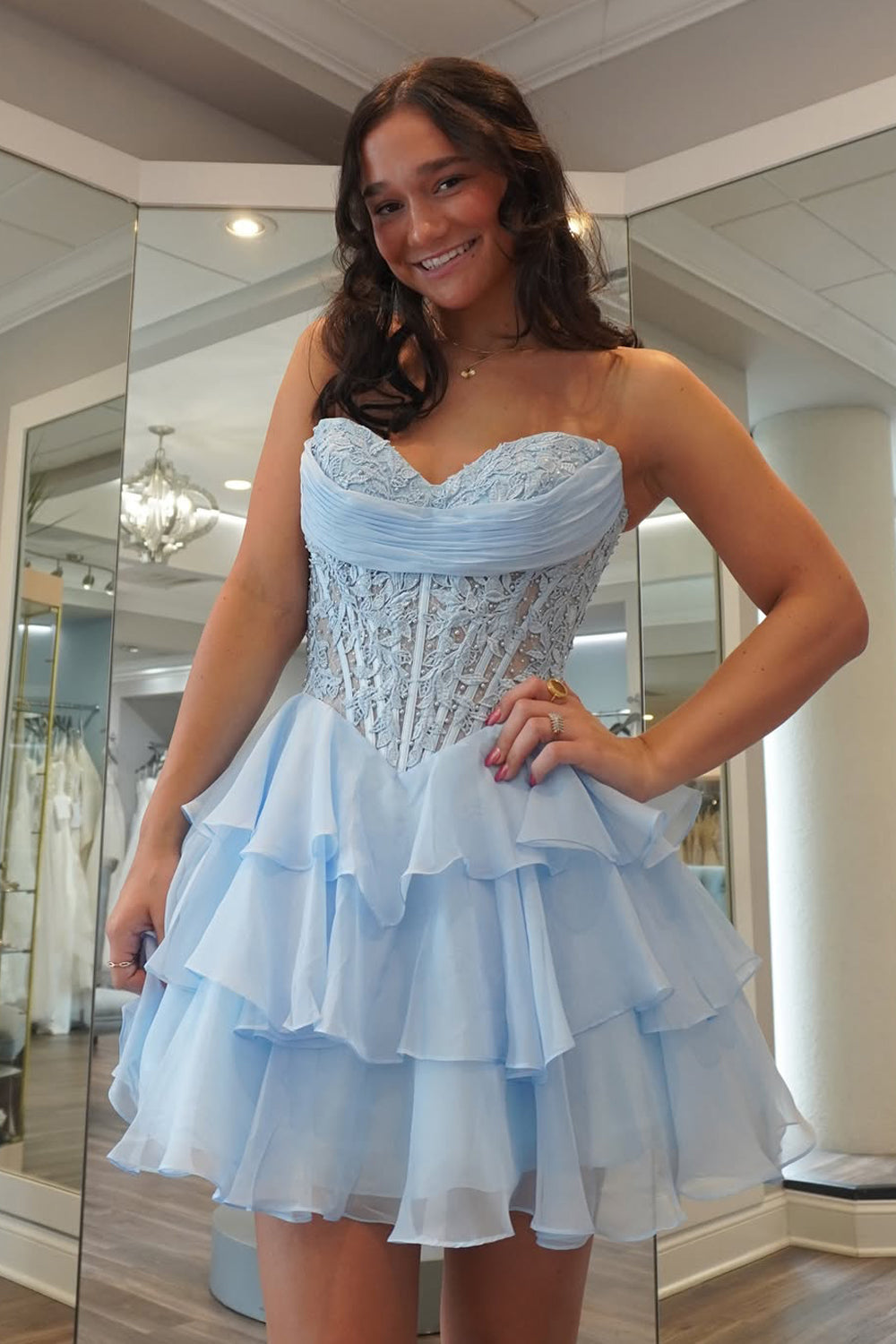 A-Line Sweetheart Blue Ruffle Tiered Chiffon Short Homecoming Dress with Appliques AB25092308