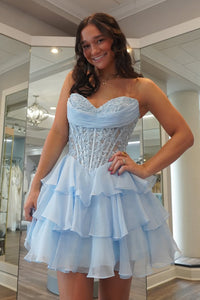 A-Line Sweetheart Blue Ruffle Tiered Chiffon Short Homecoming Dress with Appliques AB25092308