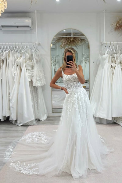 Bohomian A Line Square Neck Tulle Wedding Dress with Appliques AB25121503