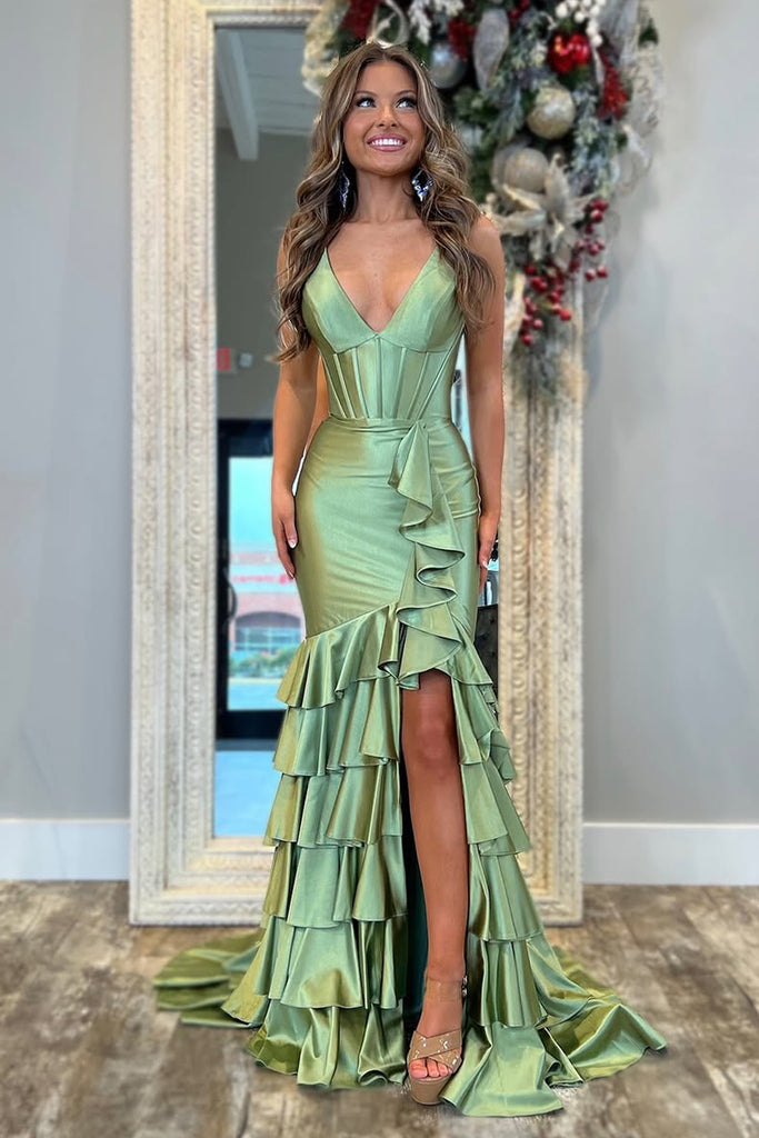 Cute Mermaid V Neck Sage Green Satin Long Prom Dress with Slit AB24122403 Cute Mermaid V Neck Sage Green Satin Long Prom Dress with Slit AB24122403
