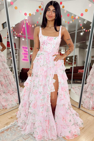 Cute A Line Square Neck Floral Chiffon Long Prom Dress AB26033007