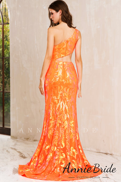 Cute Mermaid One Shoulder Orange Sequin Long Prom Dress with Slit AB4010502