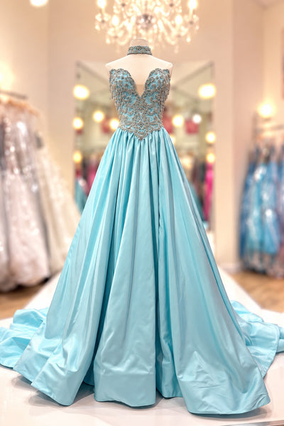 Gorgeous Ball Gown V Neck Light Blue Satin Prom Dress with Beading AB26102706