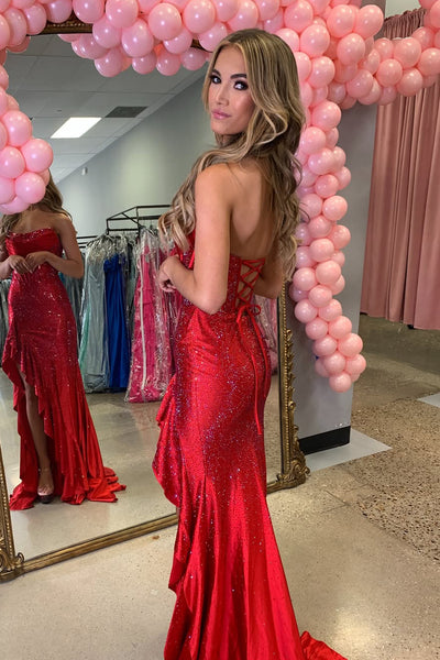 Gorgeous Mermaid Scoop Neck Red Satin Prom Dress with Rhinestones AB25101701