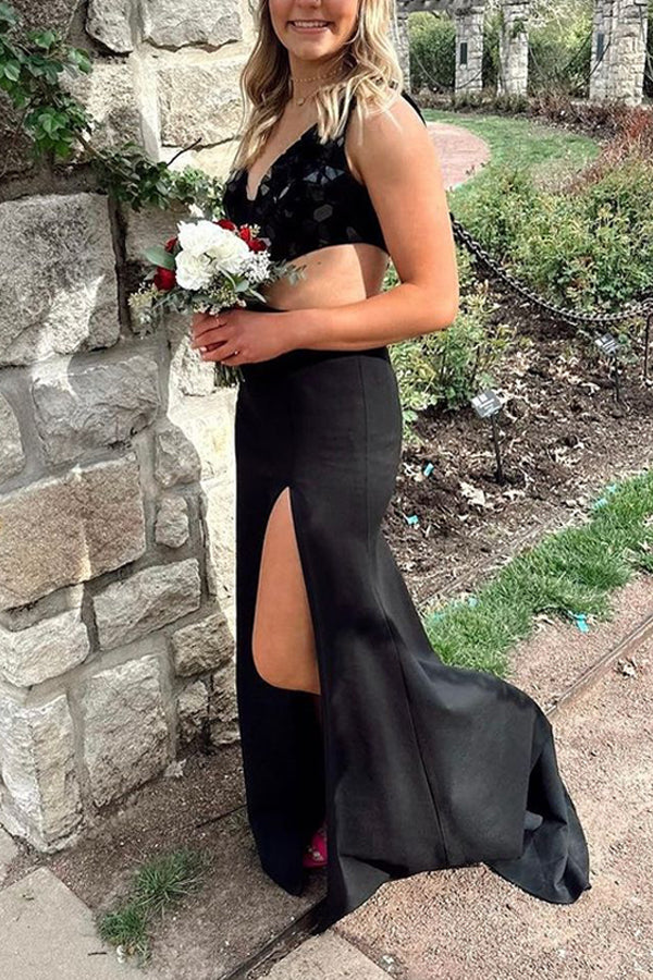 Sexy Mermaid V Neck Back Sequins Satin Long Prom Dresses with Side Slit AB061806