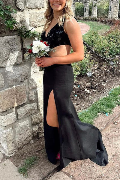 Sexy Mermaid V Neck Back Sequins Satin Long Prom Dresses with Side Slit AB061806
