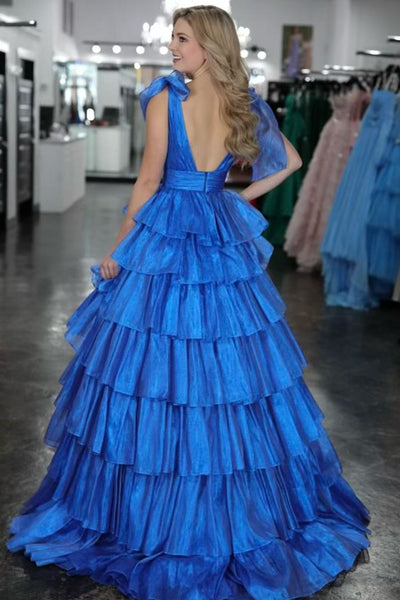 A Line V Neck Royal Blue Tiered Satin Long Prom Dresses AB4021204