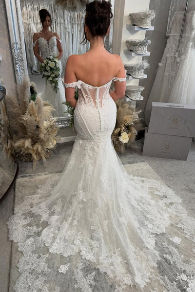 Charming Mermaid Off the Shoulder Lace Wedding Dress with Appliques AB26020611