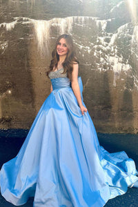 Pretty A Line Beaded Light Blue Satin Prom Dress with Bow AB4050401