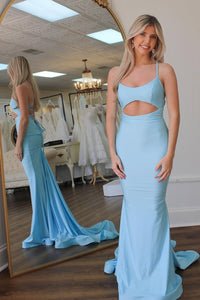 Mermaid Scoop Neck Light Blue Satin Long Prom Dresses AB25032110
