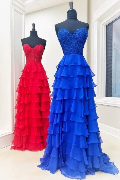 Cute A-Line Strapless Light Blue Ruffle Tiered Chiffon Long Prom Dress AB4033002