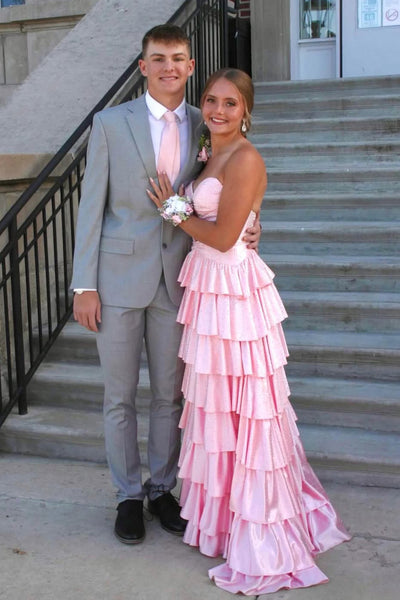 Gorgeous A Line Sweetheart Light Pink Satin Prom Dress with Hot Fix AB26041906