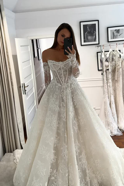 Romantic Scoop Neck Lace Tulle Long Wedding Dress AB25093003