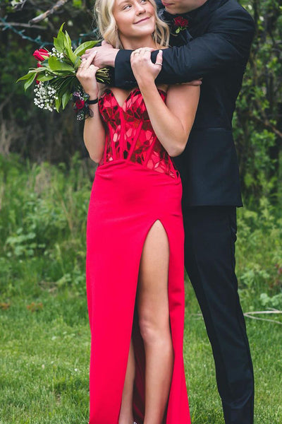 Charming Mermaid Sweetheart Red Sequins Long Prom Dresses with Side Slit AB061815
