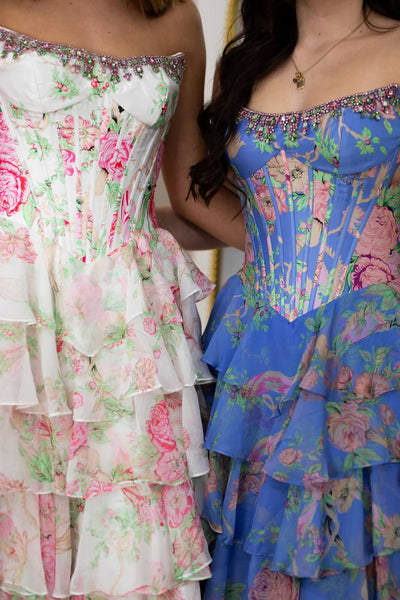 Cute A Line Strapless Blue Floral Satin Prom Dress with Beading AB26032208