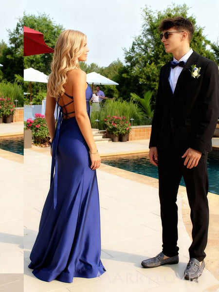 Mermaid V Neck Navy Stretch Satin Prom Dress with Slit AB26020605