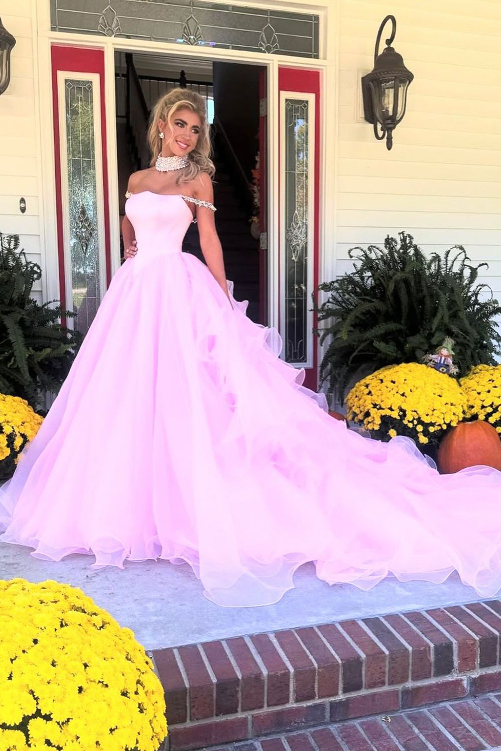 Gorgeous Ball Gown Off the Shoulder Tulle Pink Prom Dresses Dresses AB24102305