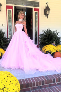 Gorgeous Ball Gown Off the Shoulder Tulle Pink Prom Dresses Dresses AB24102305