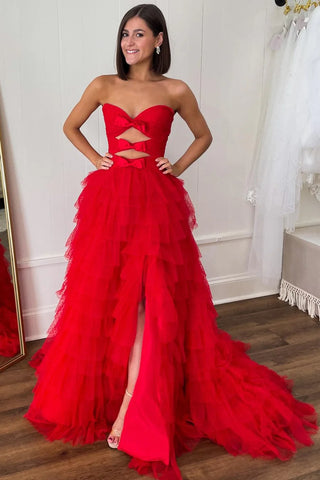 Fairy A Line Strapless Red Dot Tulle Tiered Prom Dress AB25010402