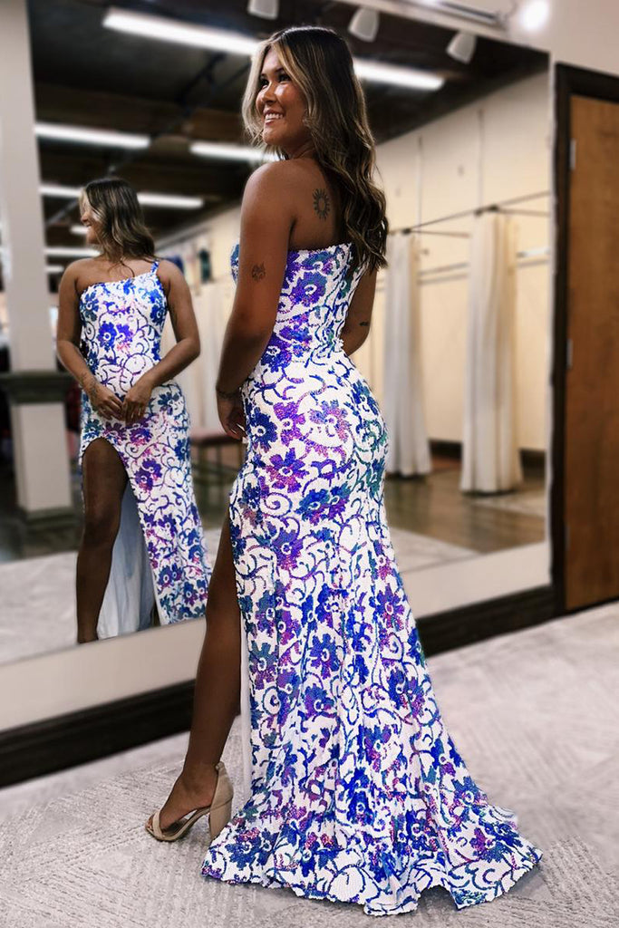 Cute Sheath One Shoulder Mermaid Purple White Sequins Long Prom Dress with Slit – Anniebride
