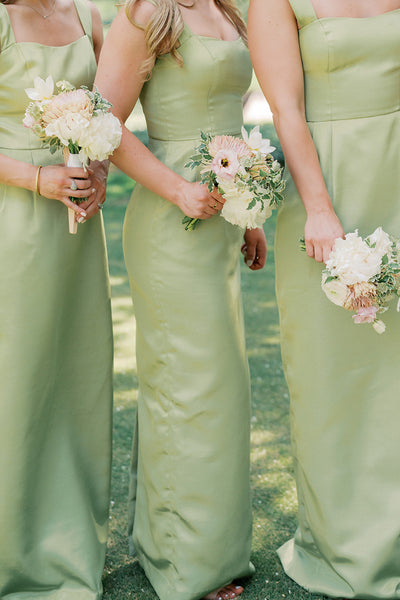 Sheath Square Neck Green Satin Long Bridesmaid Dress AB26102106