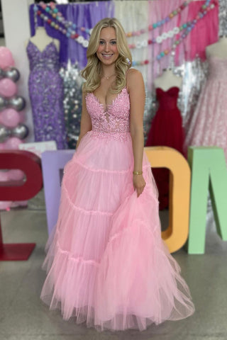A-Line Spaghetti Straps Pink Tulle Long Prom Dress with Appliques AB4030901