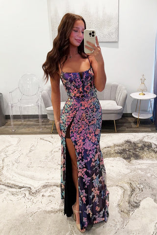 Cute Sheath Scoop Neck Sequins Lace Black Prom Dress with Slit AB25021202