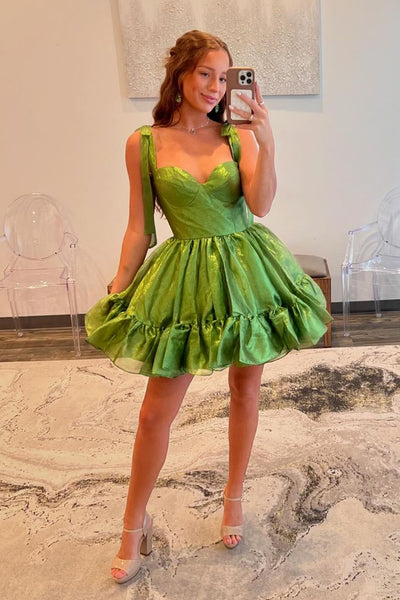 Cute A-Line Straps Sage Green Ruffle Satin Short Homecoming Dresses AB24082906