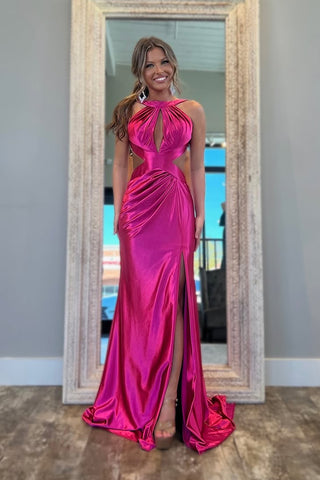 Mermaid Halter Keyhole Fuchsia Satin Long Prom Dresses with Slit AB25032102