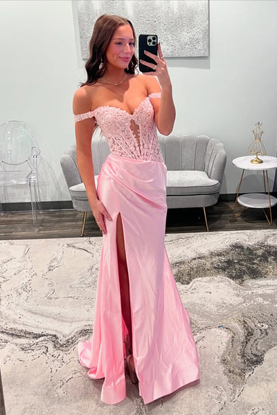 Charming Mermaid Off the Shoulder Pink Satin Prom Dress AB26011011