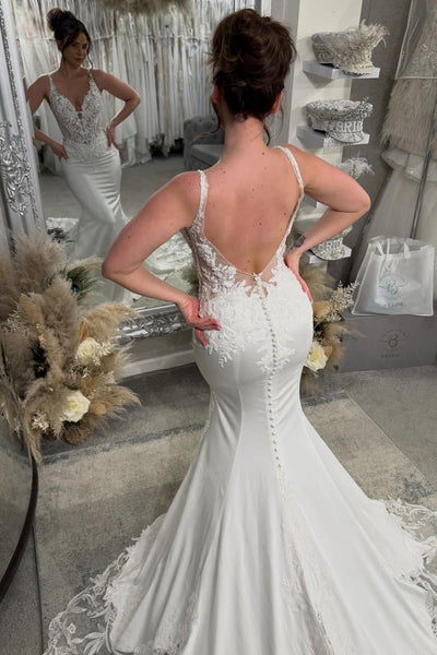 Gorgeous Mermaid V Neck Satin Wedding Dress with Appliques AB26022809