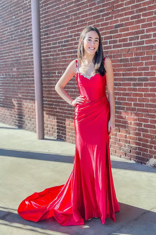 Cute Mermaid Sweetheart Red Satin Long Prom Dress with Beading AB24122009