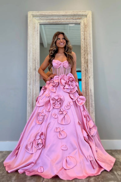 Gorgeous Ball Gown  Sweetheart Pink Satin Prom Dress with Handmade Flowers AB25022302