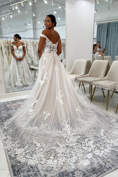 Bohomian Mermaid Off the Shoulder White Lace Wedding Dresses with Train  AB25050205