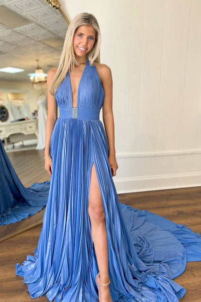 Blue Halter Backless Pleated Satin Long Prom Dresses AB4030105