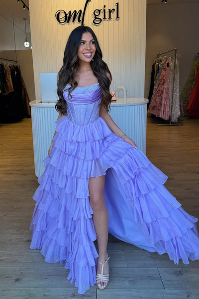 Cute A Line Scoop Neck Lavender Chiffon Tiered Prom Dress with Slit AB26012409
