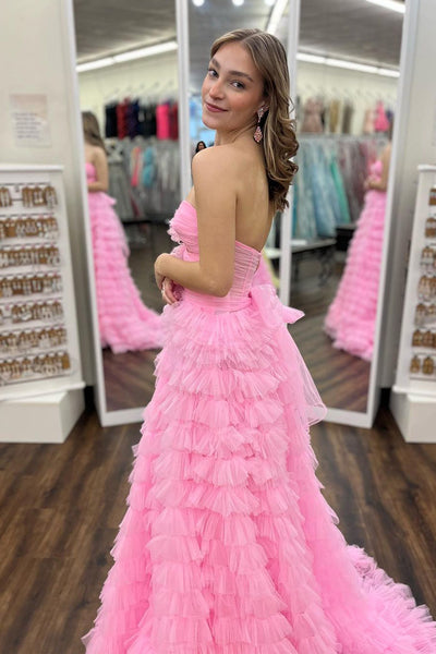 Princess A-Line Strapless Pink Ruffle Tiered Tulle Long Prom Dresses AB4030402