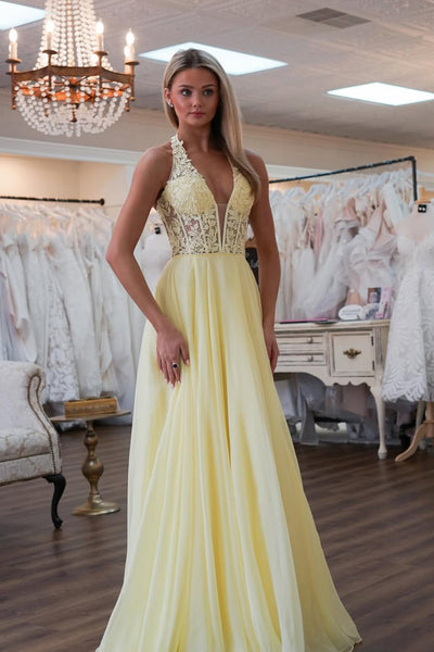 Cute A Line V Neck Daffodial Chiffon Long Prom Dress with Appliques AB25022301
