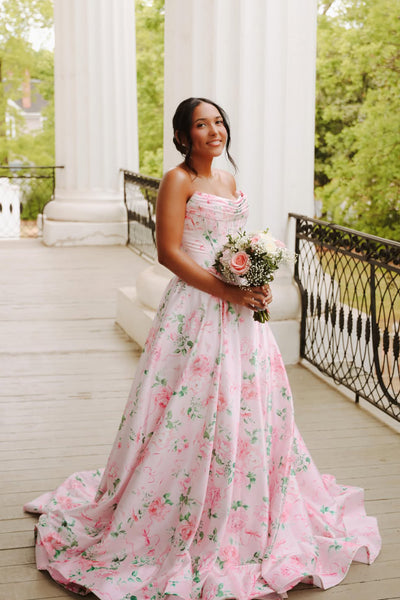 A Line Scoop Floral Satin Prom Dress with Slit AB26060112