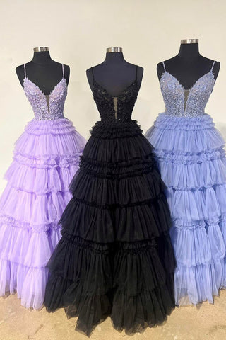 Cute Ball Gown V Neck Tulle Long Prom Dresses with Appliques AB112004