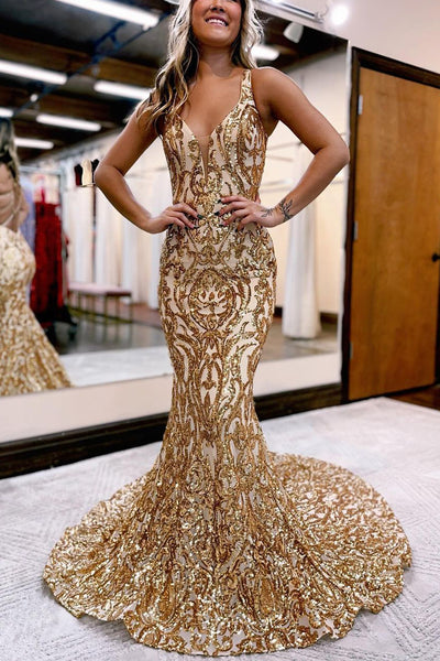 Sparkly Mermaid V Neck Gold Sequins Lace Long Prom Dresses AB100703