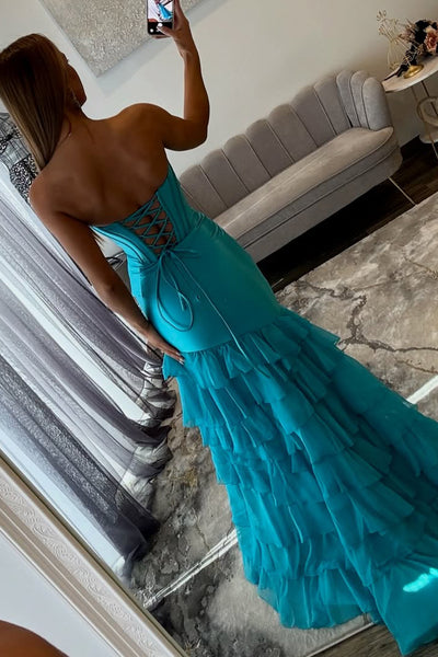 Cute Sheath Sweetheart Blue Tiered Long Prom Dress with Slit AB26020302