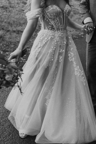 A Line Off the Shoulder Tulle Wedding Dress with Appliques AB25093002